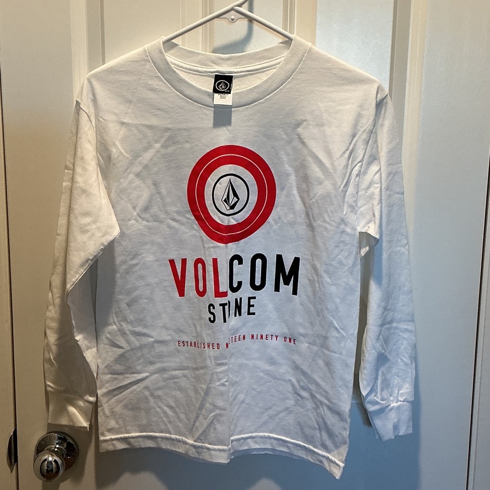 Volcom White Long Sleeve Tee with Red & Black Target Graphic NWOT